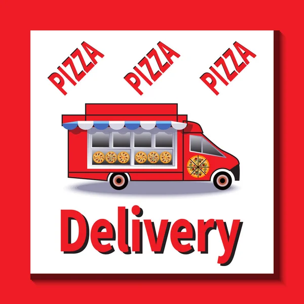 Vector illustratie pizza levering en pizza vrachtwagen — Stockvector