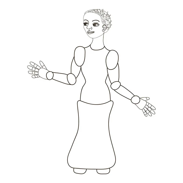 女机器人智能的计算机 手绘白色背景的女性机器人的黑色轮廓 机器人助理在商店 人工智能和自动化概念 免版税图库插图