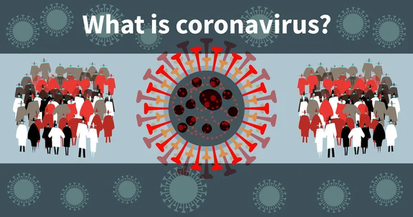 コロナウイルス対策 コロナウイルスは医療用マスクによって保護された人々の間に広がった 中心のコロナウイルス細胞を閉じる 医療マスクの群衆 ウイルス粒子は人の周りを飛び回る パンデミックCovid — ストックベクタ