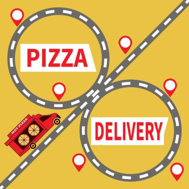 Yiyecek ve pizza dağıtım kamyonları otoyolda. Pizza teslimatı. Yol kavşağı ve sarı arka planda kırmızı izler. Kamyonette mesaj var. Sıcak Pizza. Teslimat servisi, web, site, reklam, afiş, poster için.