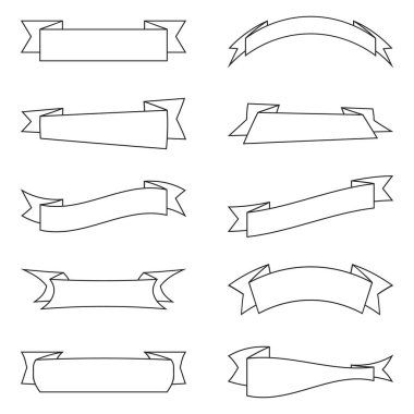Siyah ve beyaz kurdele koleksiyonu. Contour retro web pankartları hazır. Klasik kurdelelerin şablonu. Tatil, şenlikli. Düz stil. Vektör çizimi. Grafik tasarımı. İzole edilmiş bir ikon. EPS10
