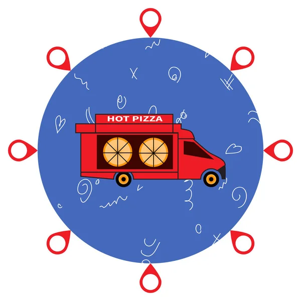 Rode Pizzawagen Pizza Levering Hele Wereld Plattegrond Pictogrammen Rond Blauwe — Stockvector