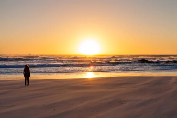 Силует Дівчини Спостерігаючи Захід Сонця Піщаному Пляжі Грубої Океані Вітру — стокове фото