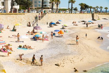 Köpekli çeşitli insanlar ve çocuklar Se 'de dalgalarda oynuyor.