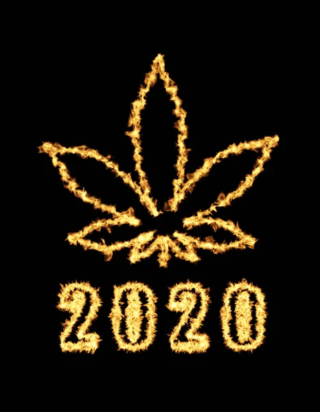 Efecto de las llamas ardientes del año 2020 en el Symbo de hoja de marihuana de cannabis —  Fotos de Stock
