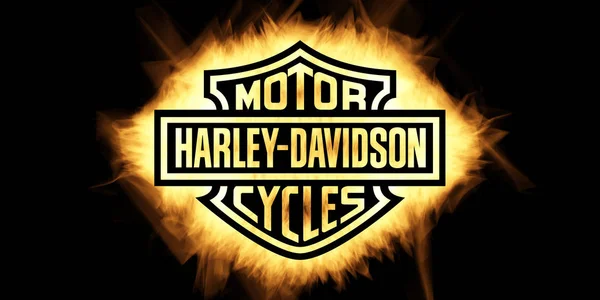 Amarelo Burning Flames Efeito no logotipo da Harley Davidson contra bla — Fotografia de Stock