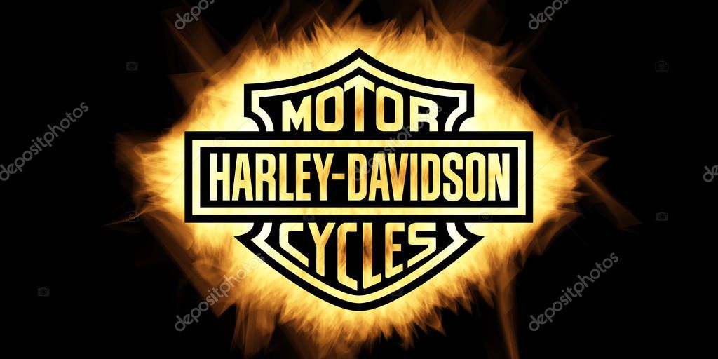 Cape Town, South Africa - January 1, 2020: Yellow Burning Flames Effect on Harley Davidson Icon Logo against black background