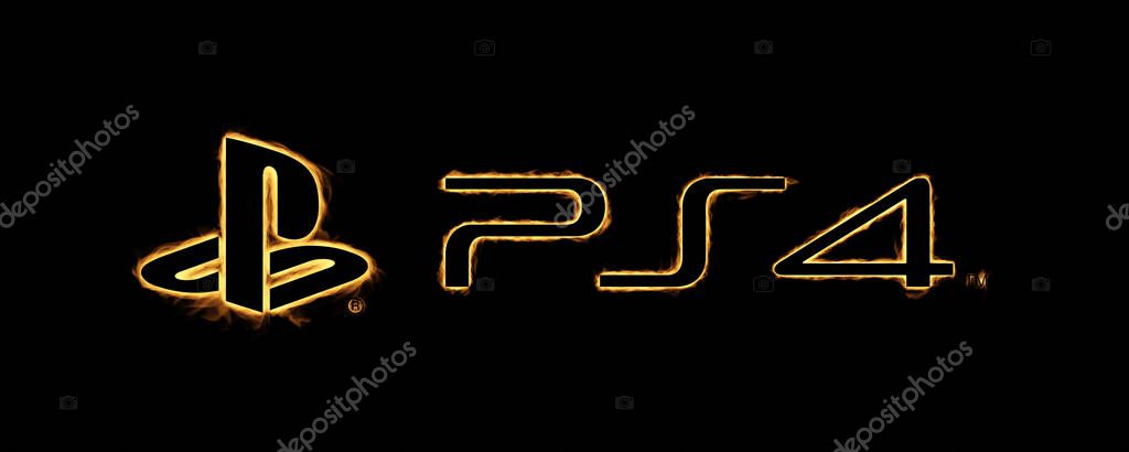 Cape Town, South Africa - January 1, 2020: Yellow Burning Flames Effect on Sony PlayStation PS4 Icon Logo against black background