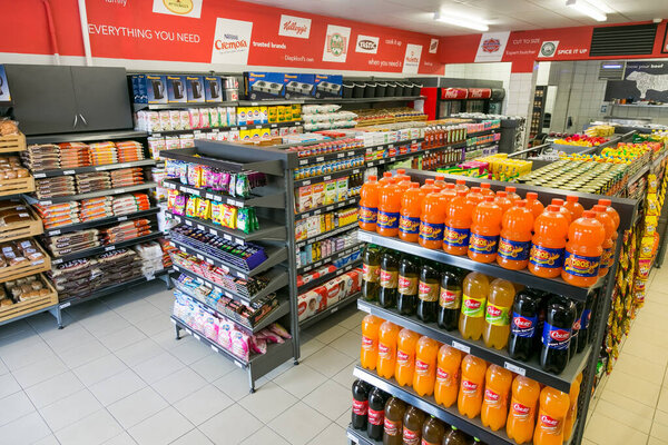 Johannesburg, South Africa - February 24, 2016: Fully stocked shelves of food and household items at local Pick n Pay grocery store