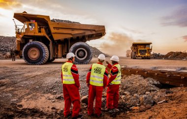 Rustenburg, Güney Afrika, 15 Ekim 2012, Platinum paladyum cevheri taşıyan Büyük Döküntü Kamyonları ön planda maden güvenlik denetçileriyle birlikte işlemek için