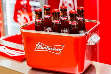 Johannesburg, Güney Afrika - 27 Mart 2018: Budweiser bira şişeleri bar tezgahında kırmızı damgalı buz kovası