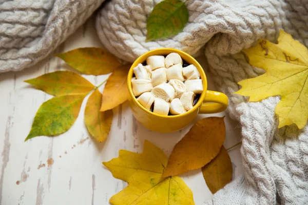Coffee Marshmallows Yellow Autumn Leaves — Stock Photo, Image