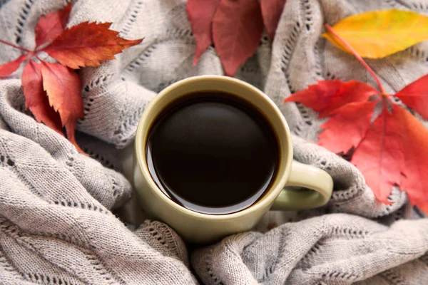 Gorąca Kawa Piękne Kolorowe Liście Jesieni Zbliżyć — Zdjęcie stockowe