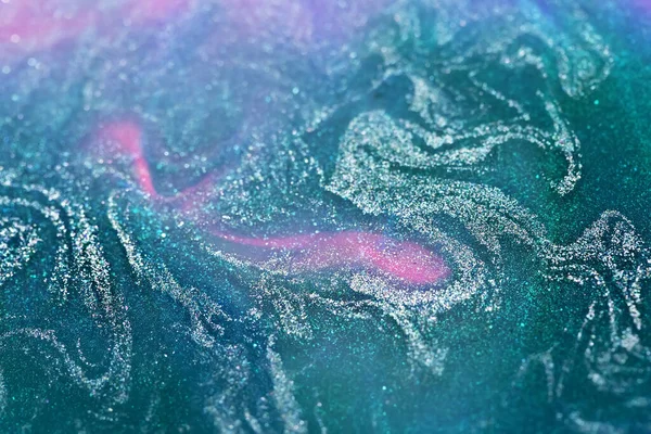 Macro Shot Turquoise Pink Alcohol Ink Glitter Dissolved Water Abstract — Stock Photo, Image