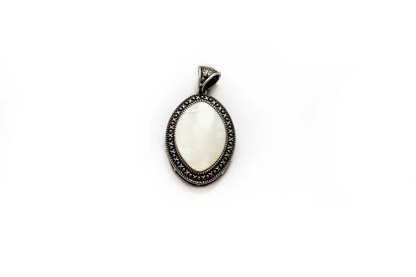 Vintage Grandma Medallion White Nacre Gemstone Isolated White Background — Stock Photo, Image