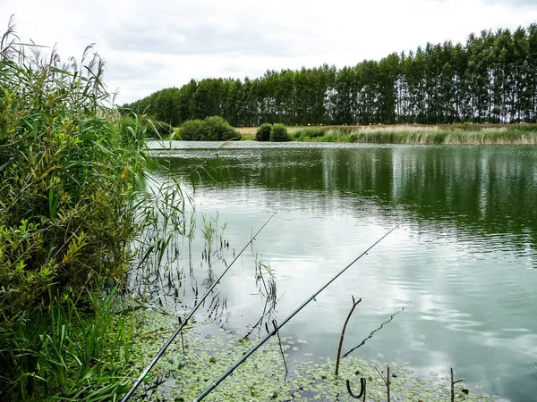 Angeln am Ufer eines Teiches mit Angelruten — Stockfoto