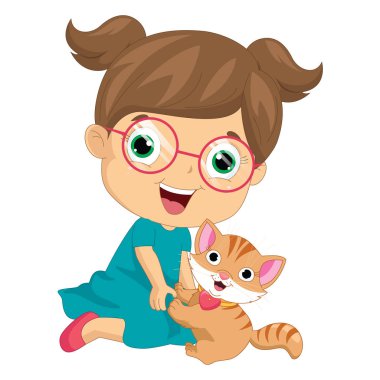 Kedi ile oynarken küçük bir kız vektör çizim