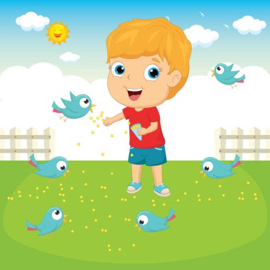 Vektör çizim bir çocuk besleme Birds