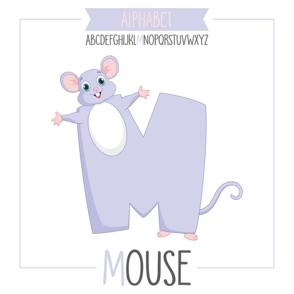 Illustrato alfabeto lettera M e mouse — Vettoriale Stock