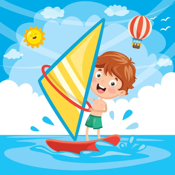Vector Εικονογράφηση Του Windsurfing Παιδί — Διανυσματικό Αρχείο