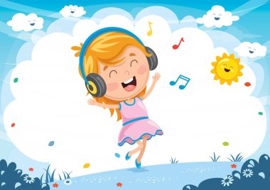 Çocuk müzik dinlemek vektör çizim
