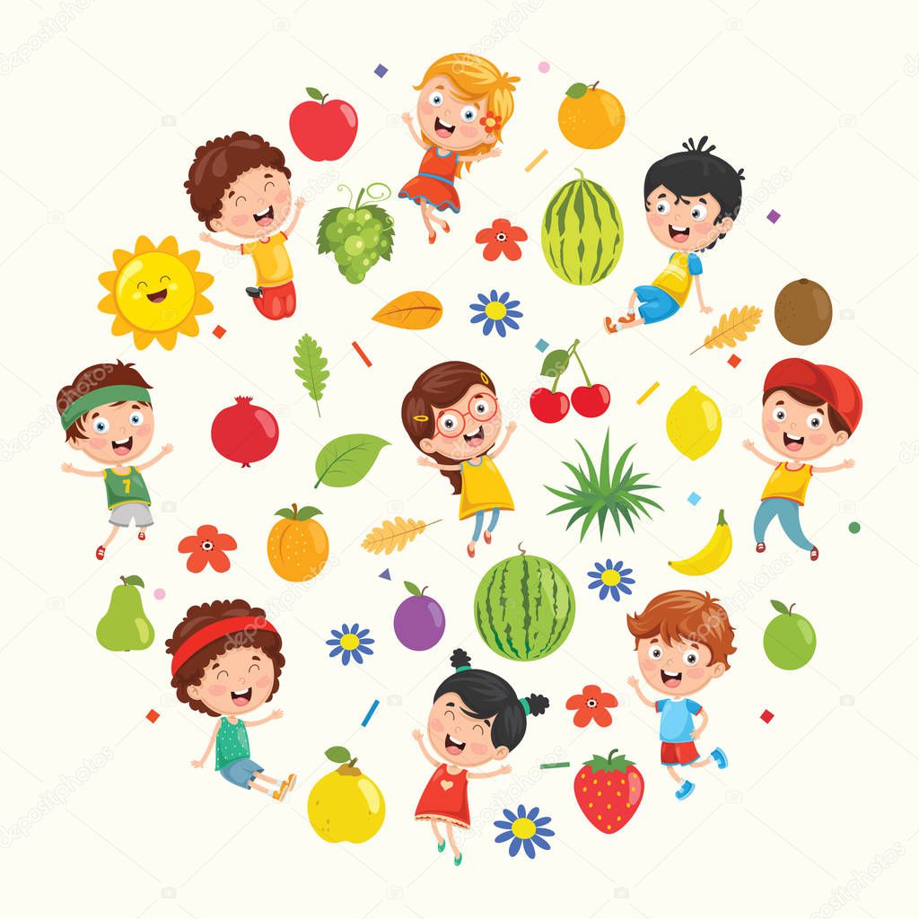 Vector Collection of Kids and Fruits Illustration