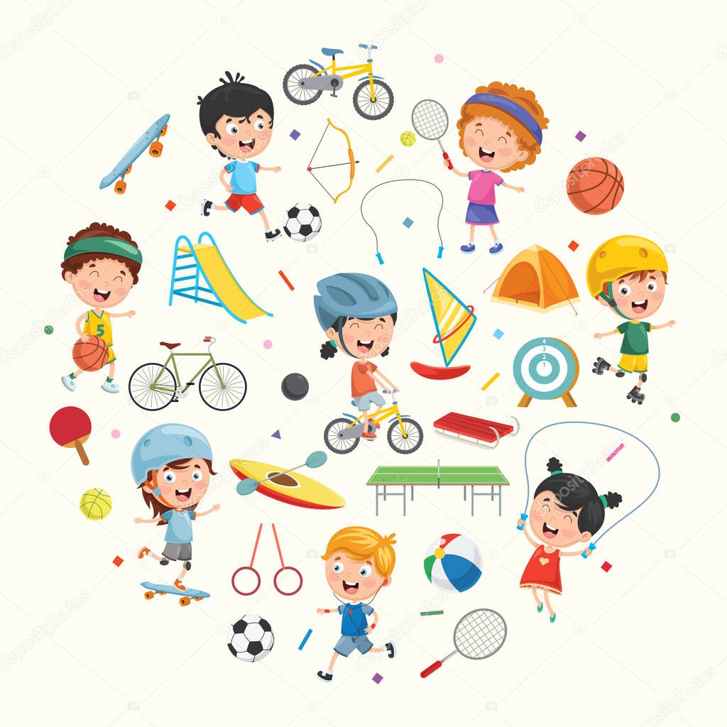 Vector Collection of Kids and Sport Equipments Illustration