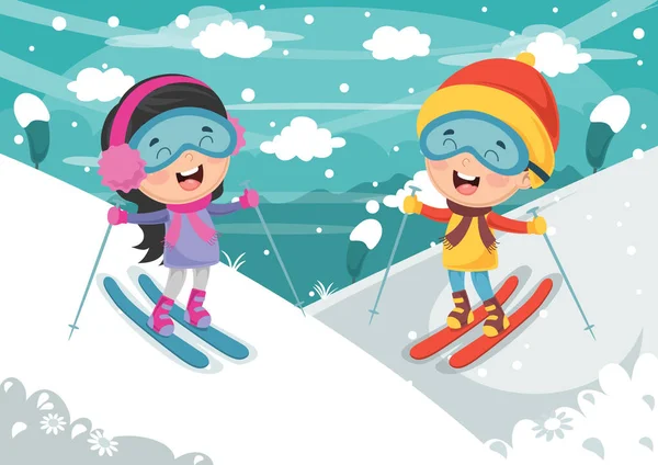 Ilustración Vectorial Niños Esquiando — Vector de stock