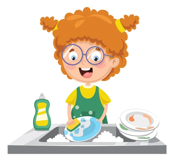 Vector Illustration Kid Washing Dishes — Stock Vector
