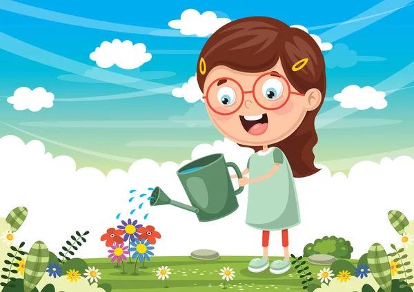 Vector Illustration Kid Watering Flowers — Stock Vector