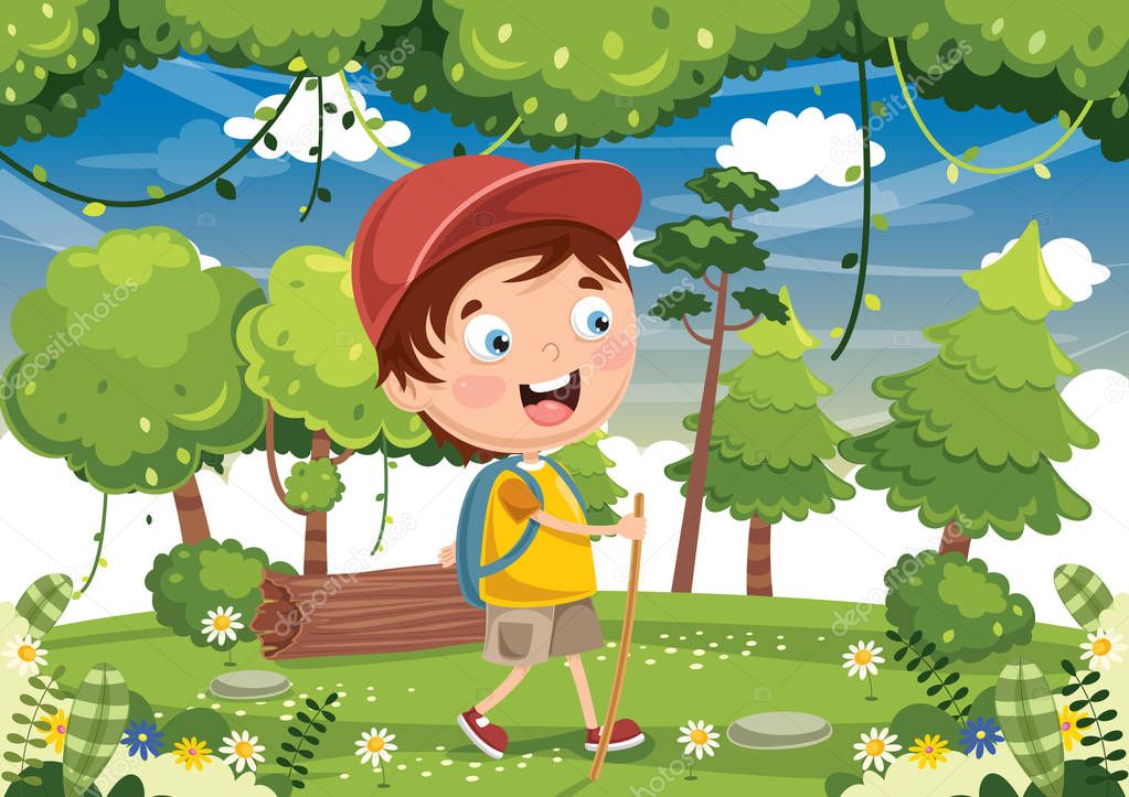 Vector Illustration Of Kid Trekking