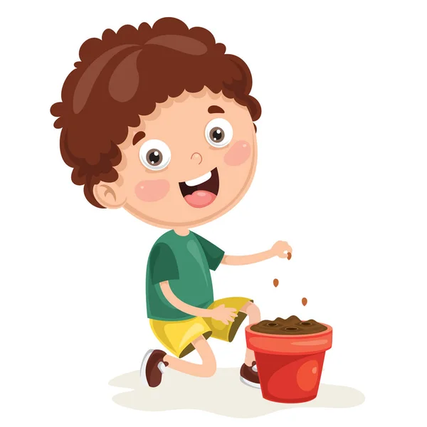 Vector Illustration Kid Planting — Stock Vector