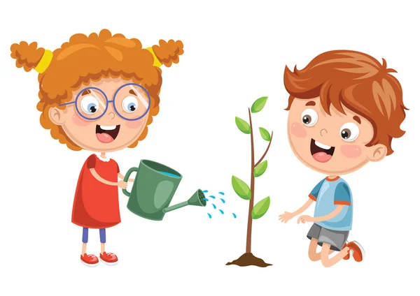 Vector Illustration Kids Planting — Stock Vector