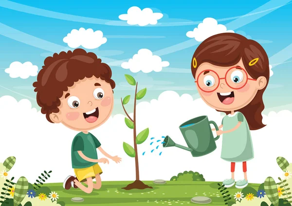 Vector Illustration Kids Planting — Stock Vector