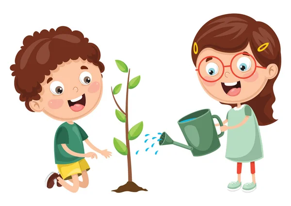 Vector Illustration Kids Planting — Stock Vector