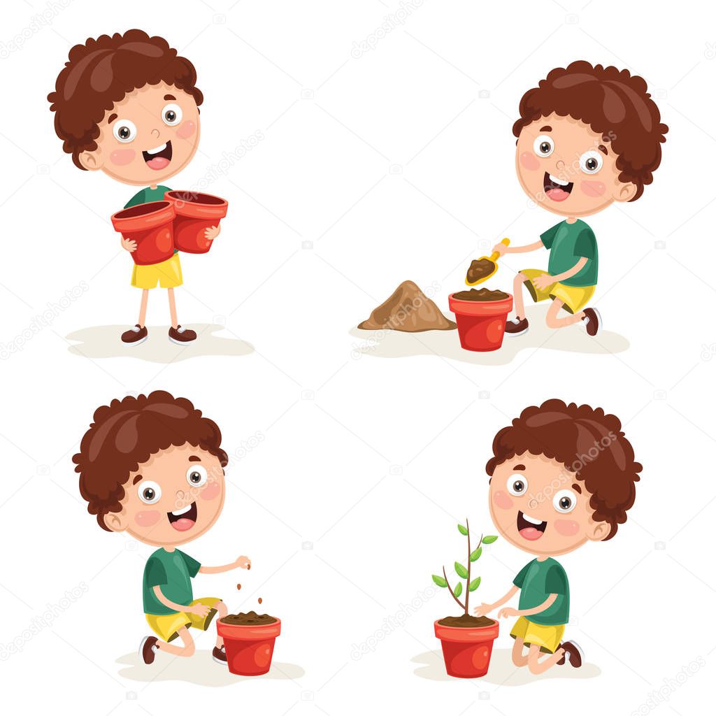 Vector Illustration Of Kid Planting