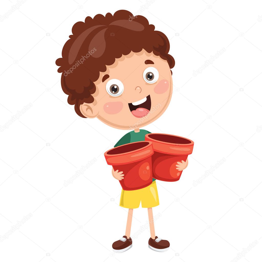 Vector Illustration Of Kid Planting