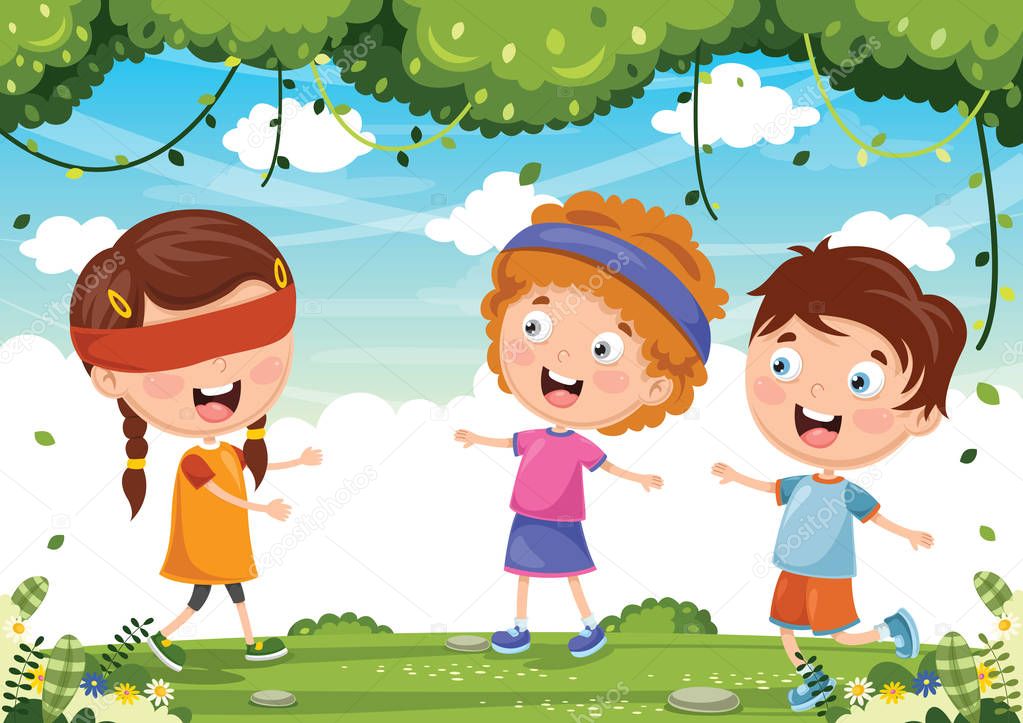 Vector Illustration Of Kids Playing Blind Man's Buff