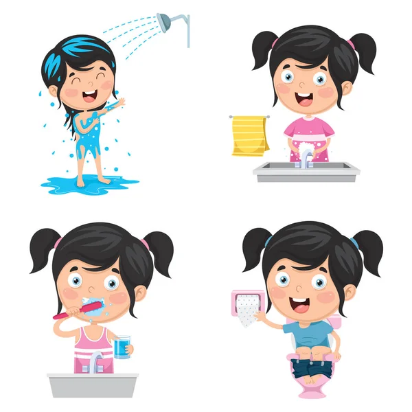 Vector Illustration Kid Bathing Brushing Teeth Washing Hands Toilet - Stok Vektor