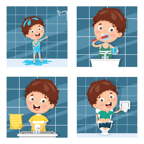 Vector Illustration Kid Bathing Brushing Teeth Washing Hands Toilet - Stok Vektor