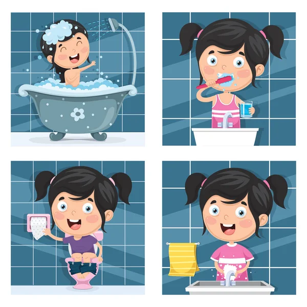 儿童沐浴 如厕后洗手的矢量图解 — 图库矢量图片