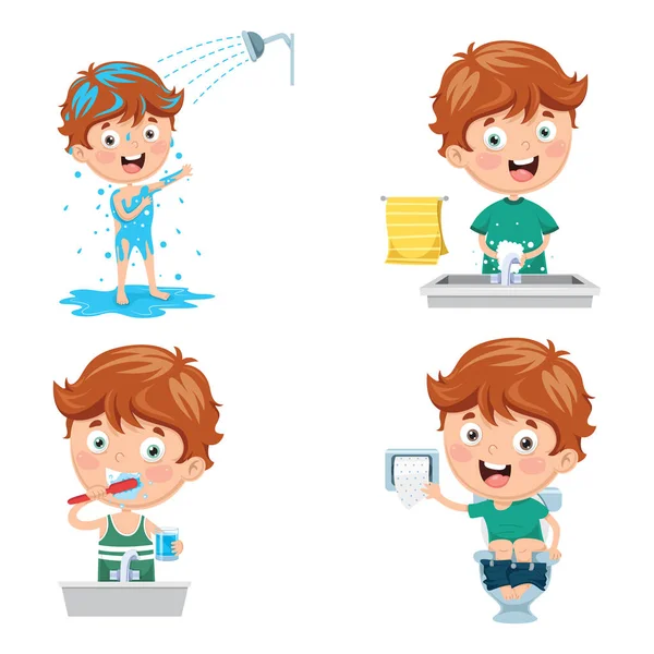 Vector Illustration Of Kid Bathing, Brushing Teeth, Washing Hands After Toilet — Stock Illustration Vector Illustration Kid Bathing Brushing Teeth Washing Hands Toilet Stock Illustration