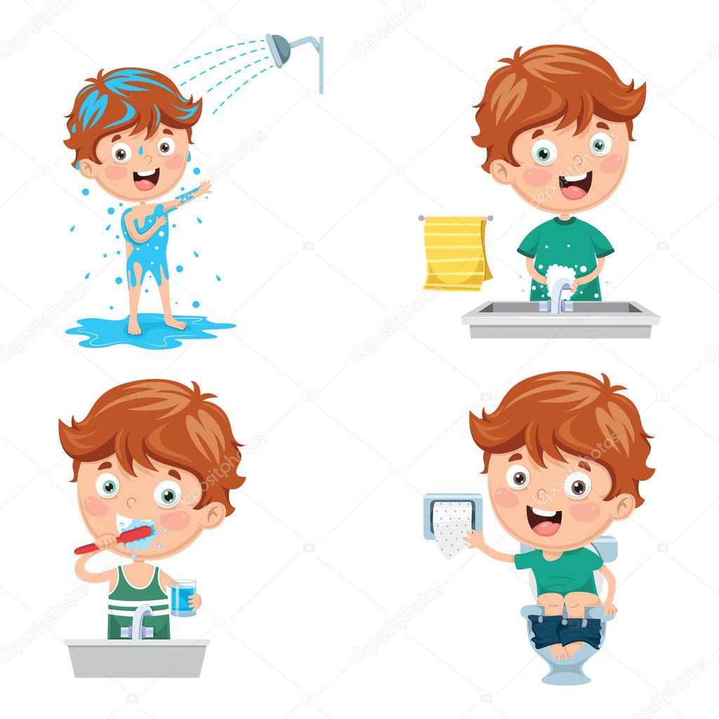  Vector Illustration Of Kid Bathing, Brushing Teeth, Washing Hands After Toilet