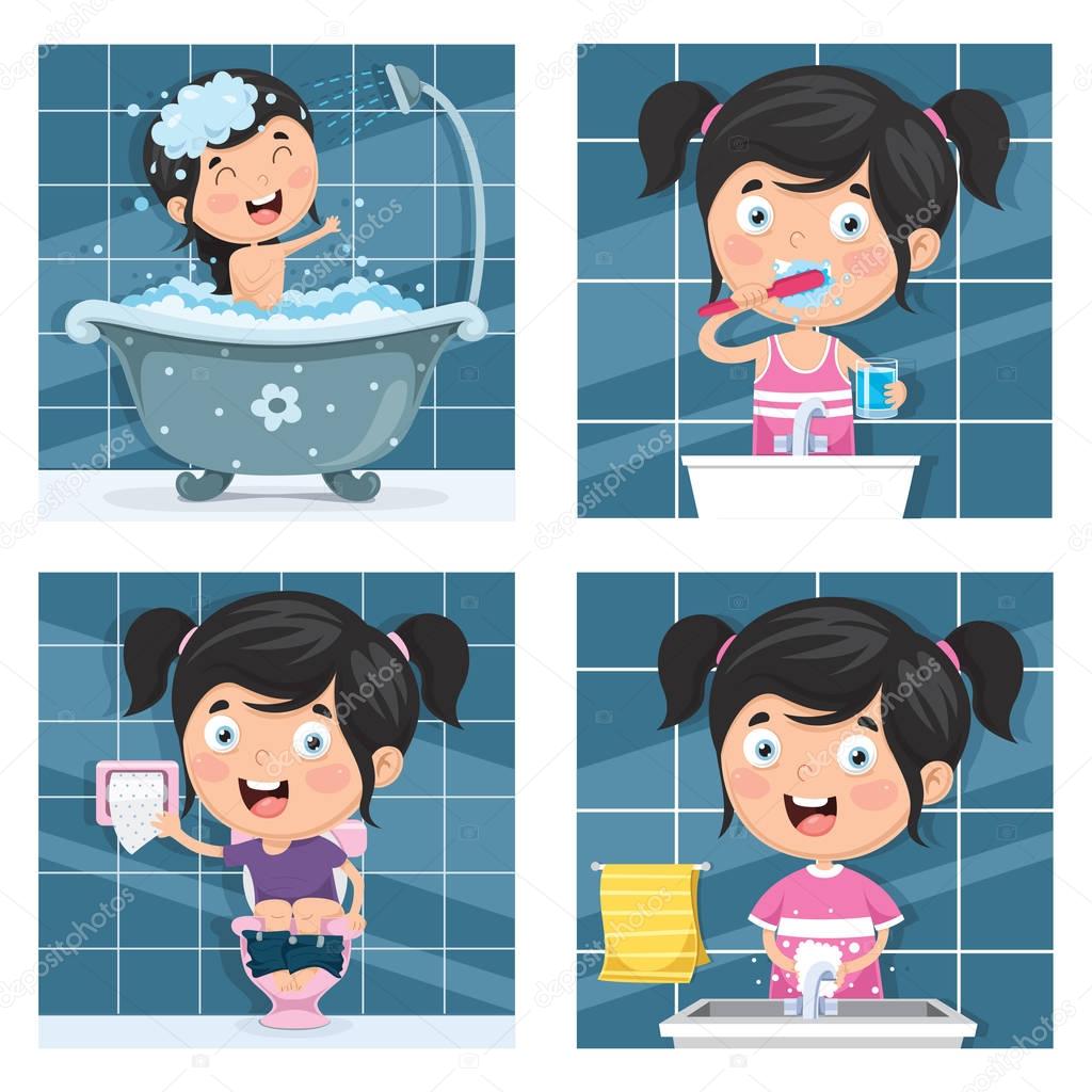 Vector Illustration Of Kid Bathing, Brushing Teeth, Washing Hands After Toilet