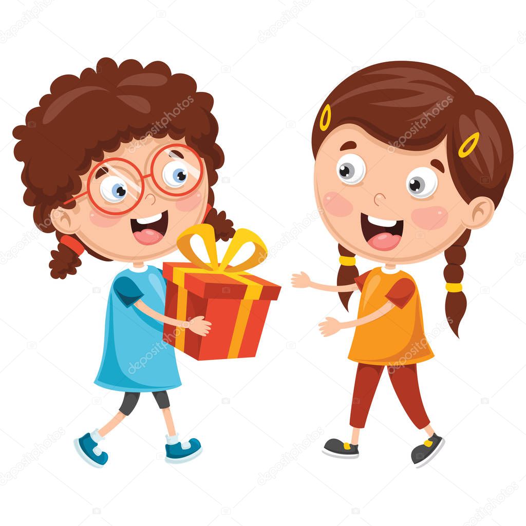 Vector Illustration Of Kid Giving Gift To Friend