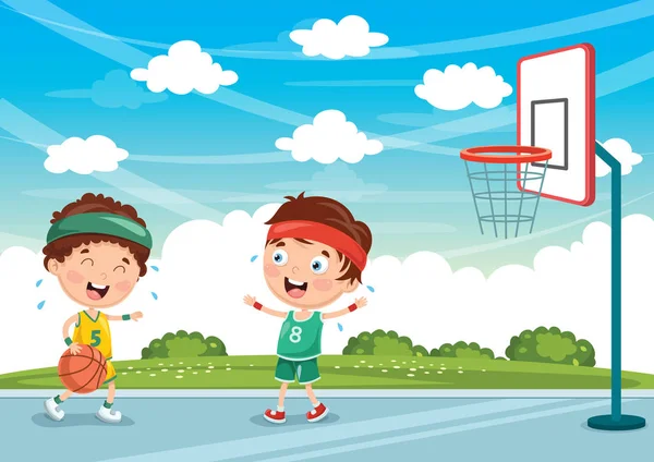 Vector Illustration Kids Playing Basketball — Stock Vector