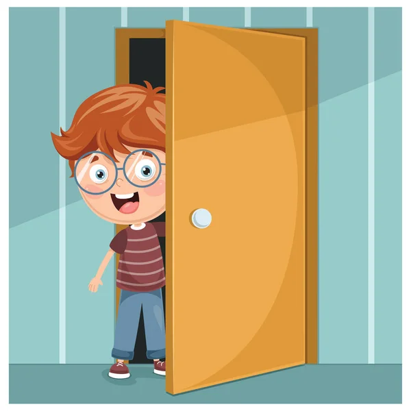 Vector Illustration Kid Opening Door — Stock Vector