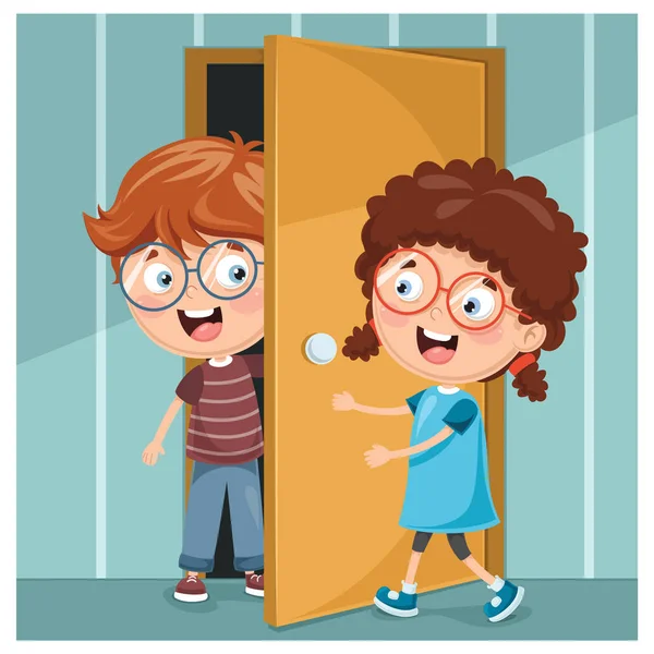 Vector Illustration Kid Opening Door — Stock Vector