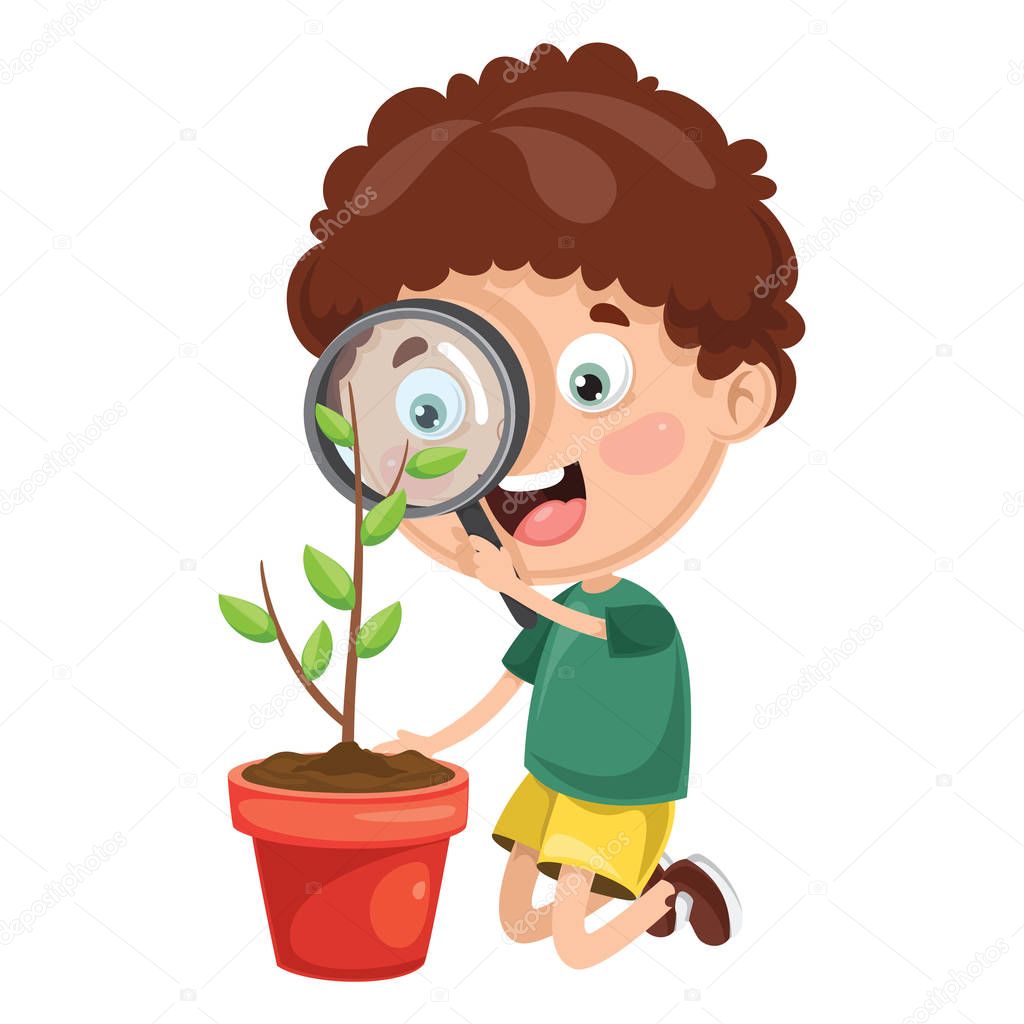 Vector Illustration Of Kid With Magnifier