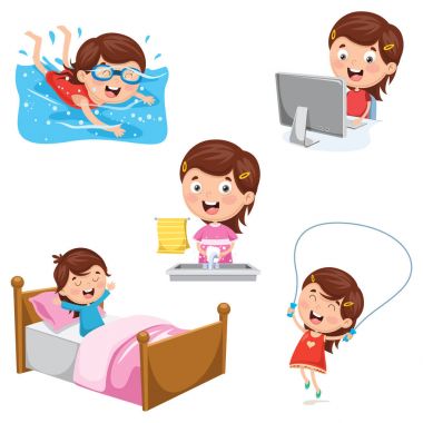 Vektör çizim çocuklar günlük rutin faaliyetleri